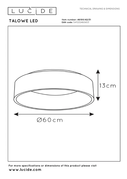 Lucide TALOWE LED - Plafonnière - Ø 60 cm - LED Dimb. - 1x42W 3000K - Wit - technisch